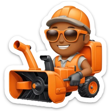 Orange snowblower with sunglasses and a smile sticker