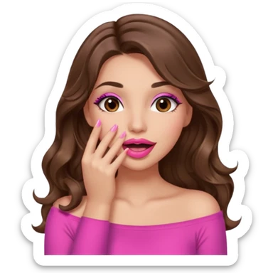 girl with long wavy brown hair, brown eyes, long lashes makeup, sexy pink lips, light to medium complexion, pink sexy top, sexy, gigling hand covering mouth sticker