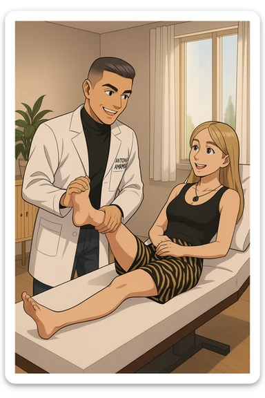 fai un webtoon/manga a colori con questo kinesiologo in camice bianco (fagli la scritta "ANTONIO ANANIA" SUL CAMICE) CHE SVOLGE UN TEST NEUROMUSCOLARE SOLLEVANDO UNA GAMBA ALLA RAGAZZA CHE è STESA SU UN LETTINO BIANCO. STANZA SEMPLICE E MODERNA, DURANTE IL TEST I DUE DIALOGANO TRA LORO. NON FARE I FUMETTI, FAI SOLO LORO COME SE DIALOGASSERO sticker