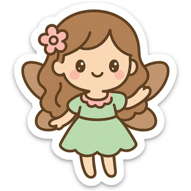 fairycore girl in pastel green and pink dress, brown fairy wings, light brown hair, delicate and ethereal sticker