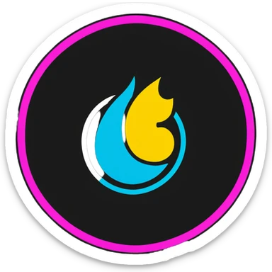 Minimalist sticker with white 'tt' letters on a black circle with cyan, magenta, and yellow dots below, fire emoji with street style influence sticker