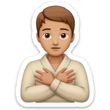 Hands crossed over each other holding neck sticker