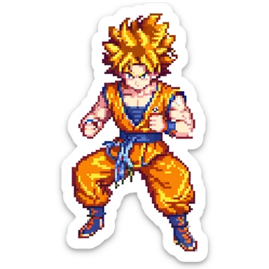 Goku in pixel art style, spiky hair, orange gi, fighting stance sticker