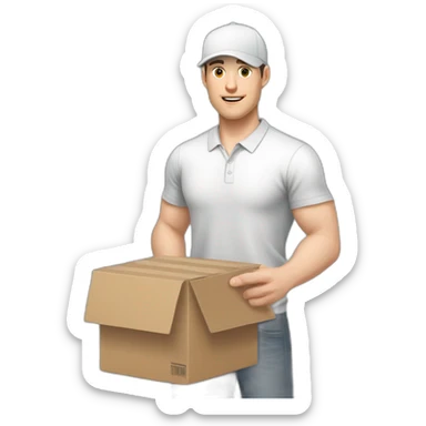 Pale skinned fit Man with dark brown hair in a white cap, gray jeans and gray polo T-shirt keeping a pasted box into his hands sticker
