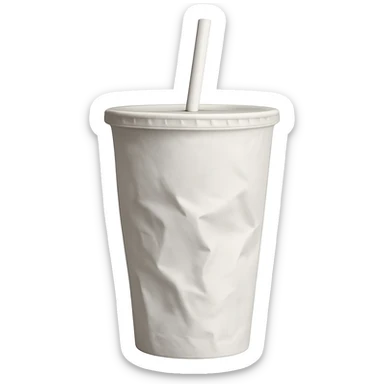 plain white soda cup, slightly crumpled, fast food restaurant sticker