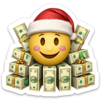 A festive 3D emoji style yellow smiley face wearing a Santa hat, surrounded by stacks of cash and dollar bills, joyful expression, Christmas and New Year theme, high quality, clean design, studio lighting, no text, no background, isolated object, transparent background, emojis.com style sticker