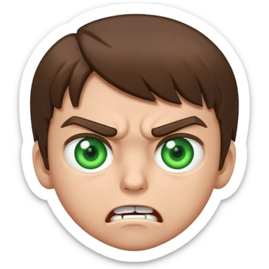 Boy 10 years old, with overgrown brown hair with green eyes, angry, shows fuck sticker