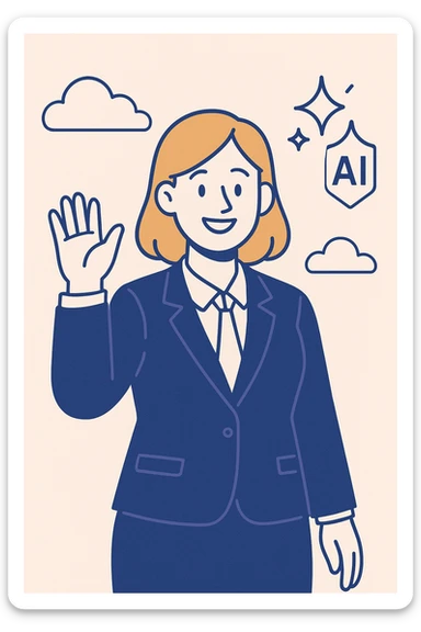 Change the business woman's hair to orange or blonde, keep her smiling in a suit, waving, with an AI sparkle above her shoulder, in a clean modern illustration style. sticker