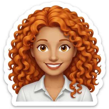 nữ 40 tuổi, da vàng, tóc dài xoăn màu cam, mặt tươi, áo trắng sticker