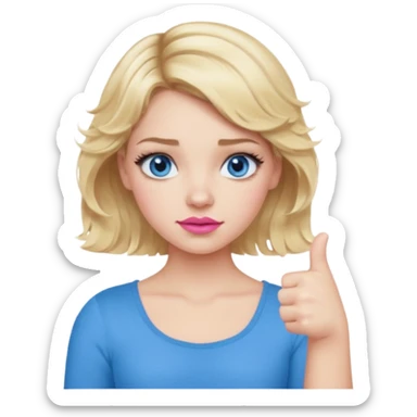 Girl Blonde short wavy hair,  blue eyes, cute blue top, long lashes, pink lips, thumbs down  sticker