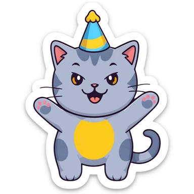 Joyful British shorthair blue cat with excited expression wearing a party birthday hat sticker