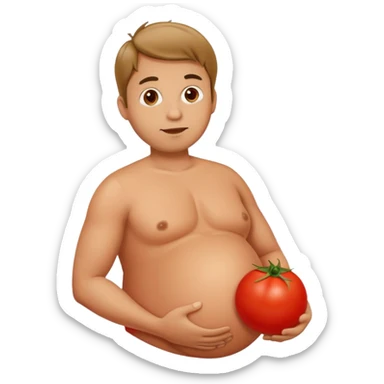 very pregnant man with a round red tomato as his pregnant belly sticker