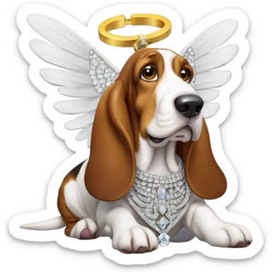 Elderly Basset hound with angel wings, wearing a large letter D bling necklace sat in a meadow  sticker