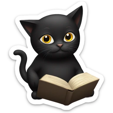 A black cat reading a book with the words miau miau on the cover sticker