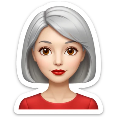 Sophisticated 70s woman with silver-gray bob cut, fair skin, almond eyes, distinctive cheekbones, wearing red lipstick and red blouse, warm friendly expression sticker