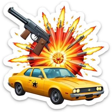 Icon for Action Movies: Close-up collage with dynamic explosions, guns, cars and heroic figures. Include iconic weapons, dramatic lighting and high-energy scenes that capture the essence of action films. Vibrant colors and intense motion. Transparent background. sticker
