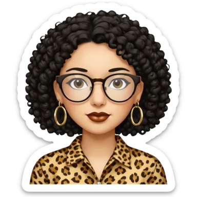 A women who wears glasses with a black curly hair, in a leopard print shirt, hoop earrings   sticker