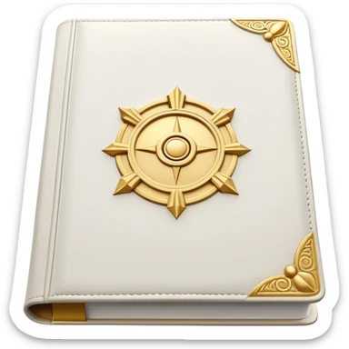 A white leather book with golden accents, smooth and polished, embossed with a symbol of six pillars,, radiating strength, confidence, and the power of self-worth.  sticker