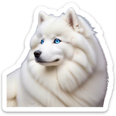 Cinematic Noble Samoyed Portrait Emoji, Poised and regal, with a majestic, sturdy build and a luxuriously fluffy pure white Fur, deep-set soulful blue eyes, Simplified yet sharp and sophisticated features, highly detailed, glowing with a soft, dignified glow, high shine, intelligent and gentle, stylized with an air of elegance, focused and attentive, soft glowing outline, capturing the essence of a watchful and confident companion, so majestic it feels as though it could bound out of the screen with effortless authority! sticker