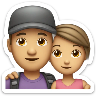 A girl hugs both her parents (light skin color, dark hair - mother with a headdress and father with a cap) sticker