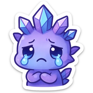 chibi kawaii style emote of a crystal sprite creature, colors purple blue and pink, sad expression sticker