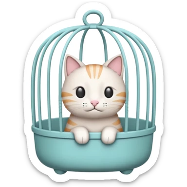 A cute emoji-style cat cage — rounded, cartoon look, clean outline, pastel colors. Vertical metal bars in front, small handle on top, and soft edges. Simple, minimal details, high contrast, with no cat inside sticker