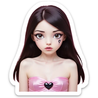girl with white skin, dark brown long straight hair falling in front of her body, pouty shiny lips without cupid's bow, shiny large eyes with black eyeballs and long eyelashes, lighter button nose, very long oval-shaped face, wearing a pink bandeau top with straight neckline, looking directly at camera with hands down at sides sticker