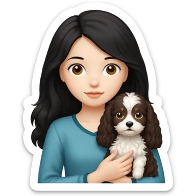 Make a girl with long black silky  hair holding a cockapoo sticker