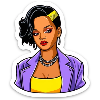 8k, 5000x5000px resolution, clean, smooth, thin lines, ultra detailed, hyperrealism, celebrity, best selling singer, and director of fenty, 2025, Rihanna. Glossy appearance, vivid, colors, no border lines sticker