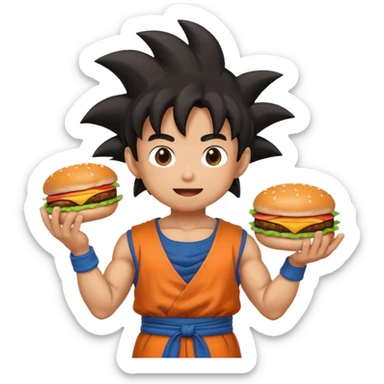 Goku holding a patty in his hands, cute emoji style sticker