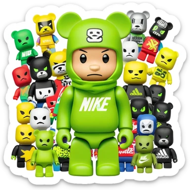 bearbrick toy with cubic head wearing a lime green balaclava covered in multiple street brand logos like Supreme, Nike, Adidas, Off-White in graffiti style, chaotic and adventurous logo placement, expressive eyebrows sticker