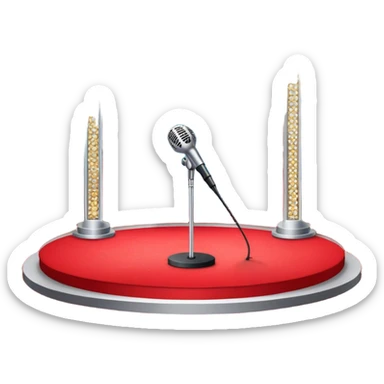 Create a glamorous and vibrant emoji that represents pop or stage vocal performance. The design should feature an empty stage with concert lighting. Include elements like an iconic stage microphone with a sparkling, rhinestone-studded microphone stand, set on a red carpet, a celebratory firework display in the background and a ribbon of musical notes flowing around the scene to symbolize the performance's energy. Use bright colors like gold, red, and silver to emphasize the excitement and glitz of the pop vocal world. The background should be transparent. sticker