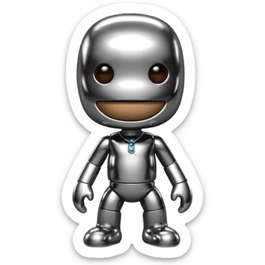 Turn this Sackboy character in the photo into 3D chrome metallic style, highly reflective and shiny, with realistic details sticker