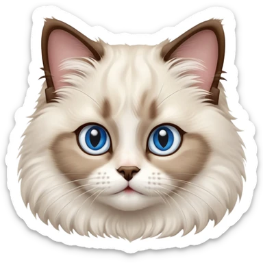 cinematic-adorable-big-eyed-fluffy-ragdoll-cat-portrait-emoji,-head-tilted-playfully-with-a-sweet-expression,-fluffy-white and brown-fur,-simplified-yet-irresistibly-cute-features-with-large,-expression, blue eyed ragdoll cat sticker