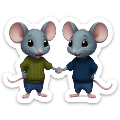 Two mice holding hands. one in a dark blue T-shirt, the other in an olive sweater sticker