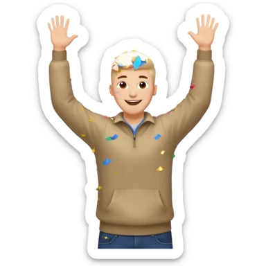 hombre sonriendo saltando con los brazos hacia arriba saltando, con explosivos, confites volando, sticker