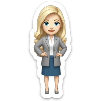 pale skin woman interior designer with cold blonde middle length hair, blue eyes, White blouse, Gray oversize jacket, Gray skirt holding a color palette in the hands sticker