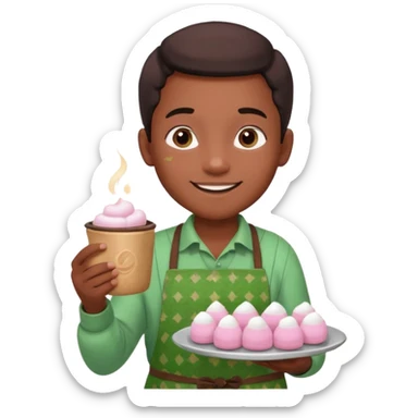 A young black vendor boy with pink cheeks, holding a tray of marshmallow-topped cocoa wearign green patterned apron sticker