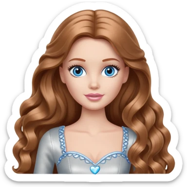 There are grey hearts all around Barbie girl Chestnut long wavy hair and blue eyes is In pale silver clothes sticker