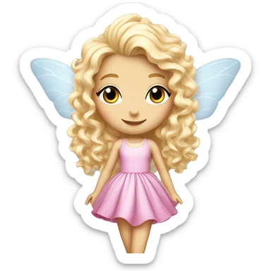 Fairy, a blonde hair with blue eyes and a pink dress with sparkly wings. White wings. The fairy has long, curly hair with a lot of volume sticker