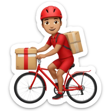 male delivery worker in a bright red dress cycling, holding a parcel sticker
