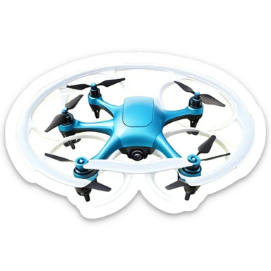 An icon showing a racing quadcopter drone in the foreground, flying at high speed through a course filled with obstacles and checkpoints. Other drones zoom in the background over a dynamic landscape. Transparent background highlights the thrill and precision of drone racing. sticker