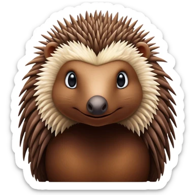 Cinematic Noble Echidna Portrait Emoji, Poised and regal, with a compact, spiky build and a textured, bristly fur in earthy browns, a distinctive pointed snout and keen, soulful eyes, Simplified yet sharp and sophisticated features, highly detailed, glowing with a warm, dignified glow, high shine, intelligent and resilient, stylized with an air of prickly elegance, focused and attentive, soft glowing outline, capturing the essence of a watchful and confident echidna, so majestic it feels as though it could scurry out of the screen with effortless authority! sticker