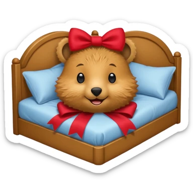 Quokka in a bed with a bow sticker