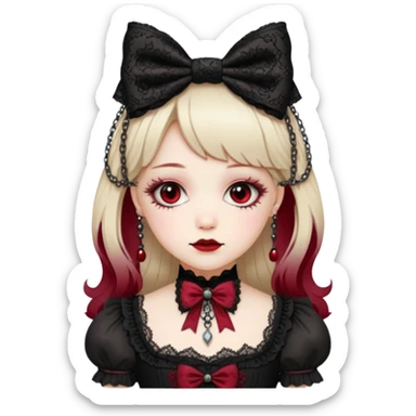 gothic lolita bow, ornate lace, black and crimson, delicate chains, Victorian influence sticker