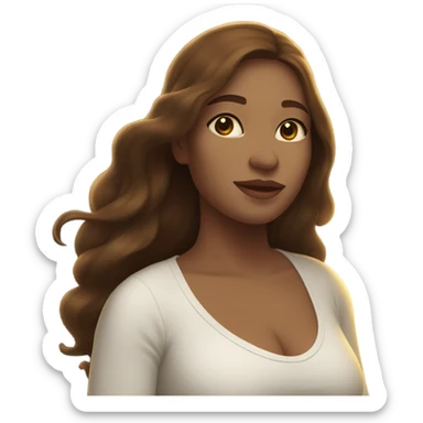 A pregnant woman with long brown hair, wearing a white dress on the side of a glowing river. In the background is a city with a beautiful sunset and trees in front of it. sticker