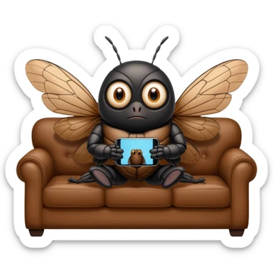 Black Cicada cartoon style watching on a phone sit on a brown sofa  sticker