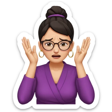  middle aged woman with dark hair pulled up in a high bun, wearing round ring earrings and glasses, expression extreme pain on her face, covering her ears with her hands very painful expression on her face, eyes squeezed shut, wincing in pain covering her ears with her hands sticker