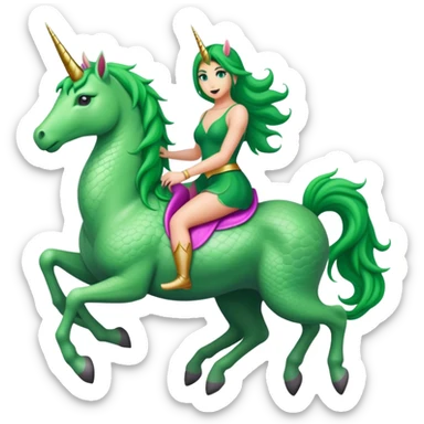 reptilian green woman, rides unicorn
 sticker