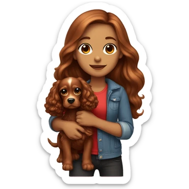 Beautiful stylish girl with brown long hair holding in her arms red puppy Cocker Spaniel sticker